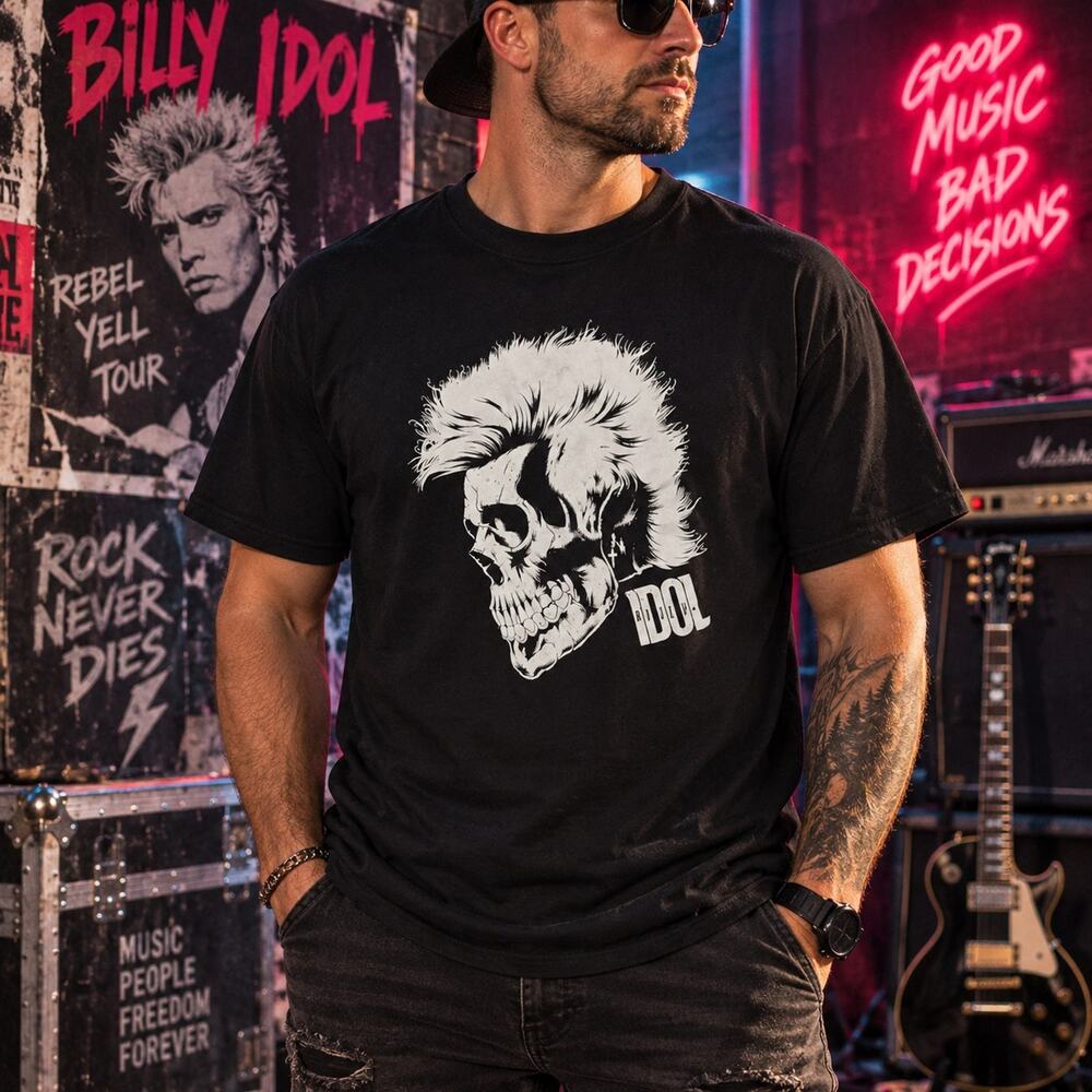 Vintage Y2K Billy Idol Skull Mohawk T Shirt 2XL Black Punk Rock Gildan Tee